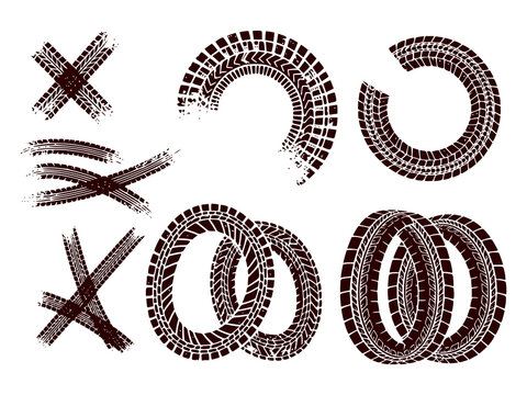 Circular and crossed tire tracks. Set of dark red vector prints of automobile wheel treads in the shape of crosses and rings