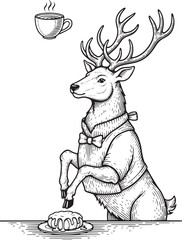 Fototapeta premium Engraved deer illustration, enjoying a delightful break with cak
