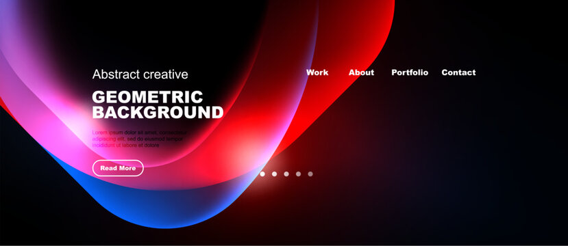 Abstract geometric background features vibrant colors, flowing shapes, text elements, navigation menu. Modern design suitable website header.