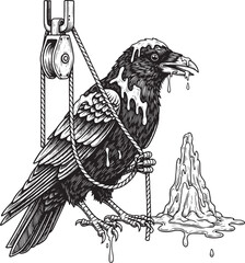 Obraz premium Monochrome etching of a raven entwined in rope with melting wax