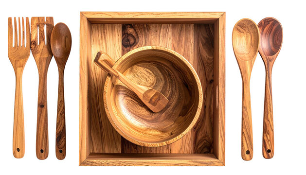 Wooden salad set bowl, tray, spoons, and fork, warm wood grain details