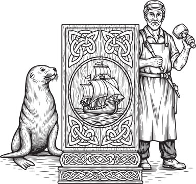 Engraved illustration of a woodcarver a seal and a ship with cel