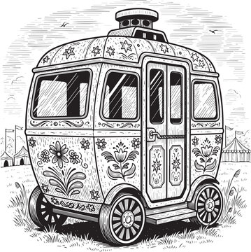 Vintage Gypsy Caravan Woodcut Illustration in a Circus Field Set