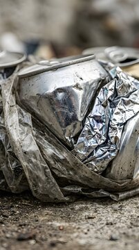 Close up view of discarded crushed aluminum soda cans and rumpled plastic waste materials on the ground representing environmental pollution