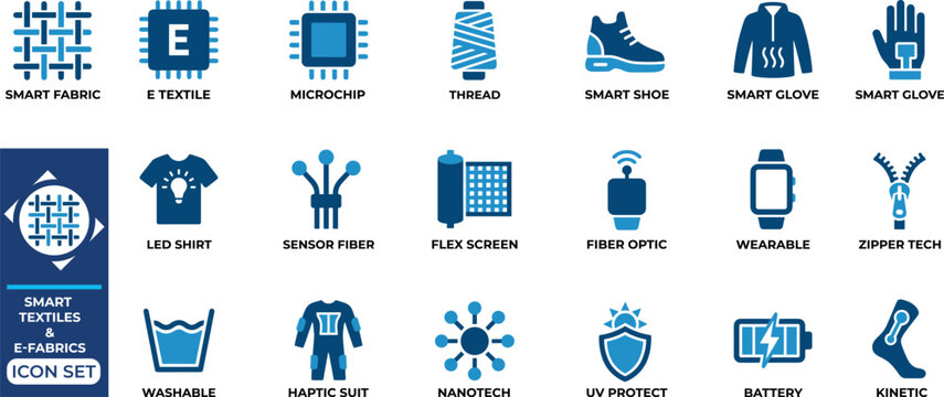 Smart textiles and e fabrics icon set with wearable electronics and clothing sensors.