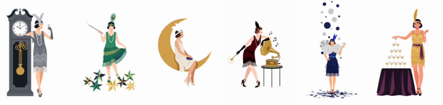 Collection of six flapper girls in vintage 1920s style illustrations featuring party scenes, music, and celebration elements on a white background.