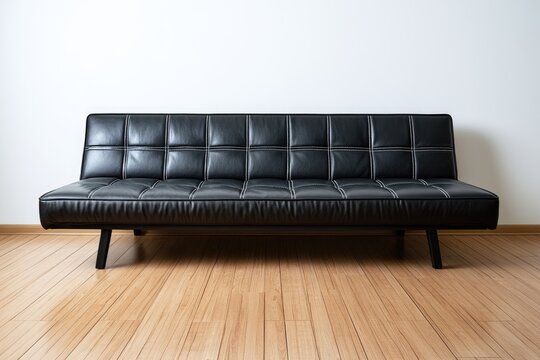 Black leather futon couch against white wall background.