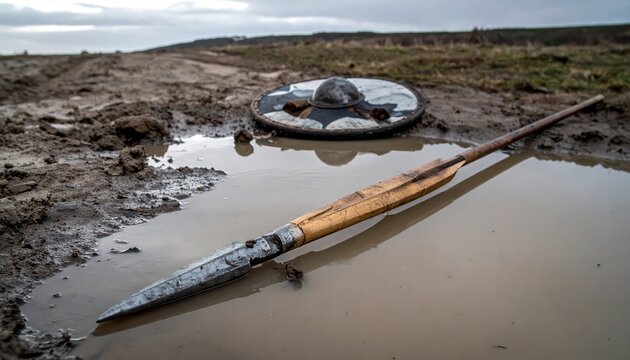 Ancient Viking warrior's shield and spear lying abandoned in muddy water on a battlefield after a fight