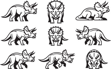 Fototapeta premium A set of triceratops. Hand drawn vector illustration