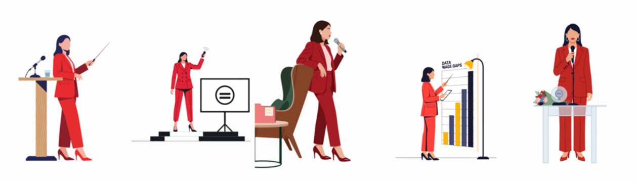 Set of flat illustrations featuring a businesswoman in a red suit giving speeches, presenting data about wage gaps, and advocating for gender equality.