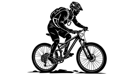 Fototapeta premium Mountain biker riding downhill silhouette line art illustration.