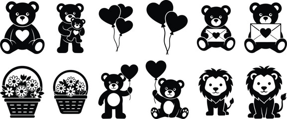 Cute Teddy Bear and Lion Silhouette Icon Set with Hearts Flowers Balloons and Love Letter Designs
