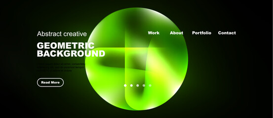 Naklejka premium Dark background features vibrant green, yellow shapes. Minimalist design with text elements, navigation options present. Modern aesthetic.