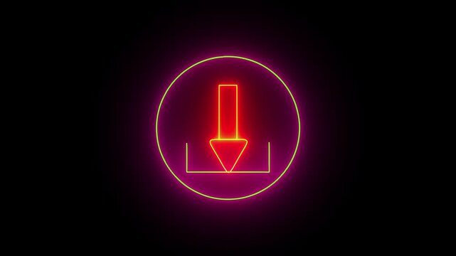Neon download icon animation. Purple pink blue glowing circle with digital interface design. Futuristic sci-fi UI element. Glowing neon download icon for digital and interface visuals.