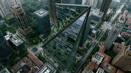 Obraz premium Modern Eco-Friendly Skyscraper Integrating Nature and Sustainable Urban Architecture from Above