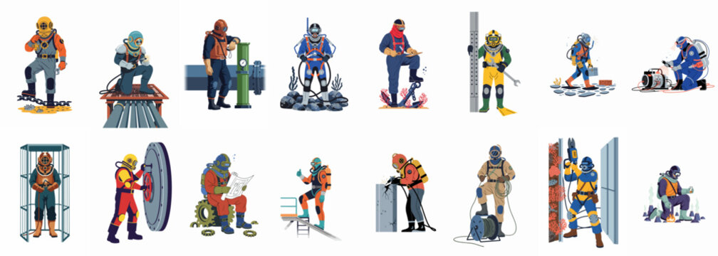 Set of professional commercial divers performing various underwater industrial tasks like welding, inspection, and maintenance in a clean vector illustration style.