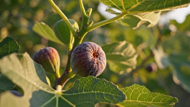 Ripe purple figs grow on a lush green tree in the sun