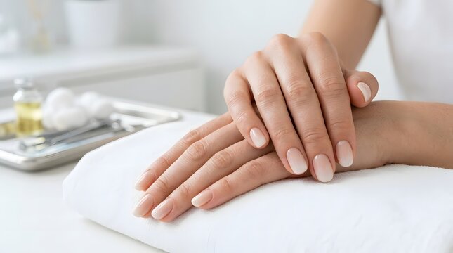 Close-up of soft pink manicure with matte finish and clean background.