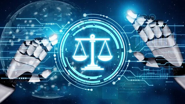 Futuristic Robot Hands Holding Digital Scales of Justice in a Cybernetic World with Circuit Patterns and Data Visualization Elements Sigmoid