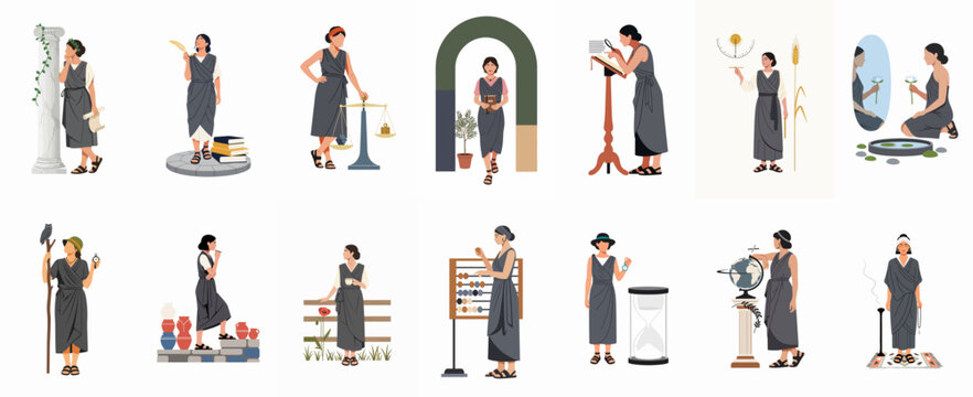 Collection of flat illustrations showing women in ancient Greek style clothing performing various philosophical, scientific, and artistic activities on a white background.