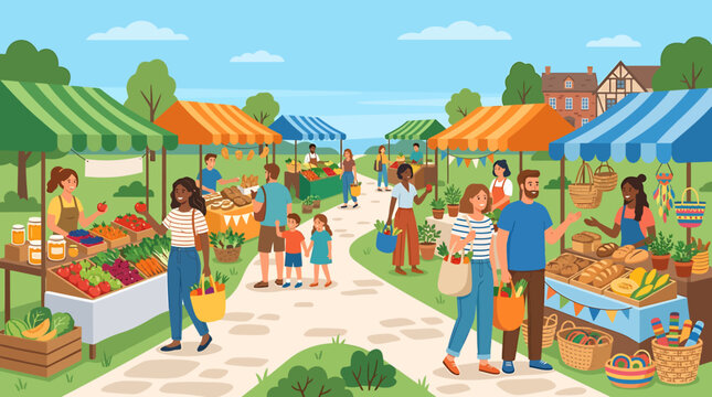 People shopping at a vibrant outdoor farmers market with fresh produce and colorful stalls.