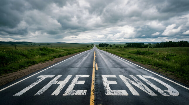 The end written on wet asphalt road stretching into horizon with displays words end end painted destination perspective conclusion atmosphere