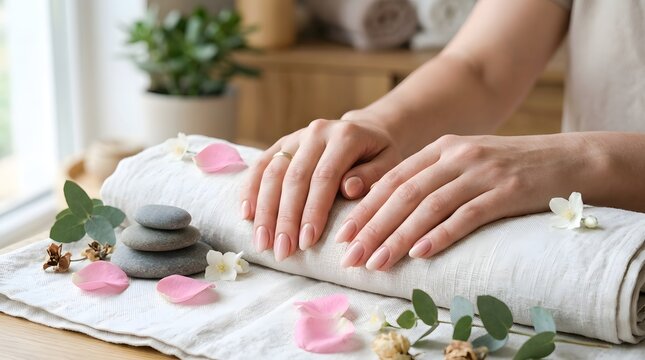 Soft natural manicure on folded hands with spa flowers and stones, clean minimal composition.