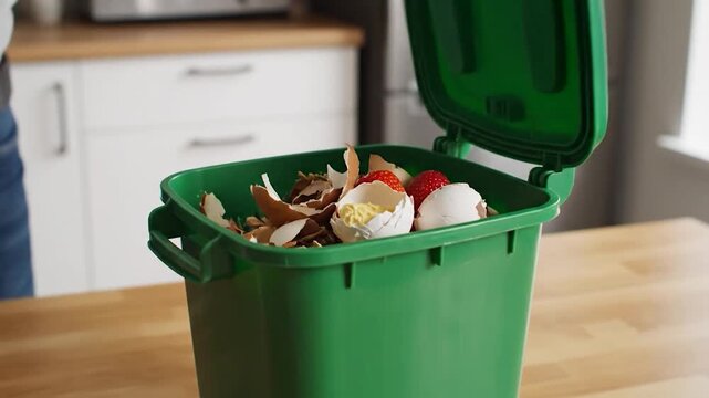 A person throws food scraps into a green compost bin