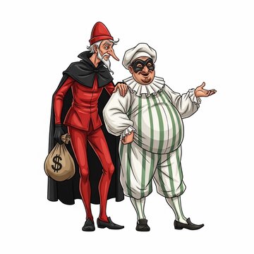 Harlequin & Scaramouche: A vibrant illustration of contrasting characters, one sly with a money bag, the other jovial in stripes.