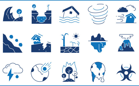 A set of icons related to Natural Disaster and Hazards. Earthquake, tsunami, sinkhole, wind, tornado, biohazard, and so on.