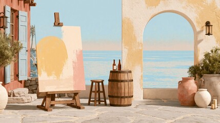 Obraz premium Artistic Mediterranean Terrace Scene with Easel, Painting, Barrel, and Sea View