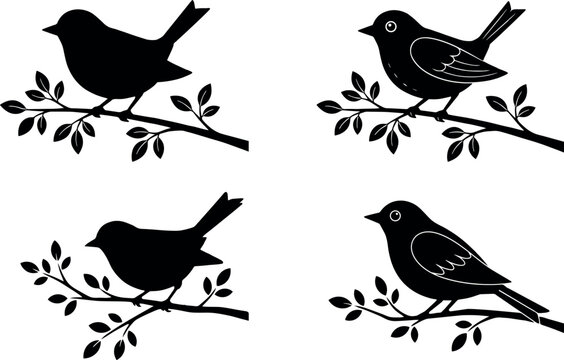 Title:
Bird sitting on a tree branch silhouette set isolated on white background for nature vector graphics and decor