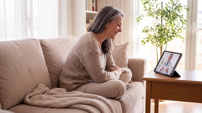 Smiling woman having telehealth video consultation with doctor from cozy couch