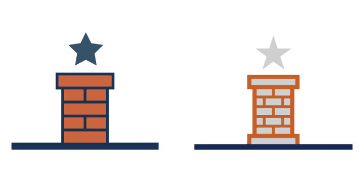 Set of two brick chimney icons with star toppers illustration for holiday decor isolated on white background flat design.