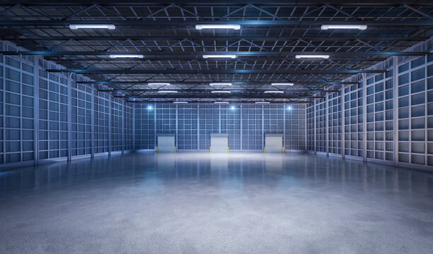 Empty factory interior fully enclosed with rolling shutter door