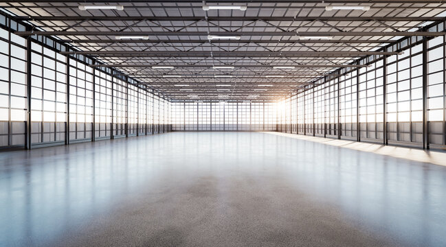 Empty factory interior filled with natural light
