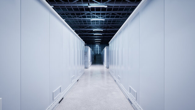 3d rendering group of energy storage systems or battery container units in factory