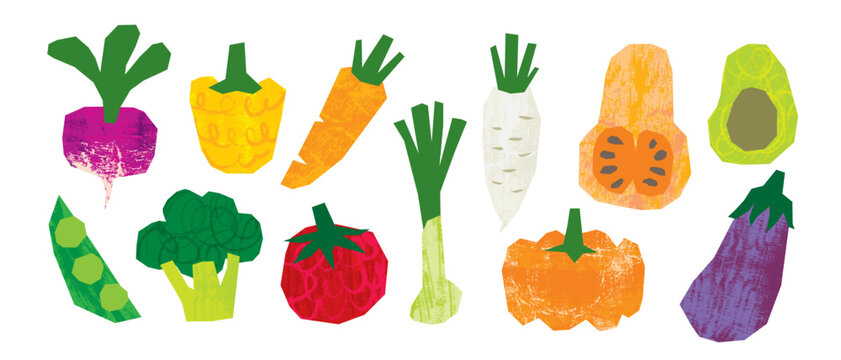 Vegetables set in paper cut collage style, Food elements for design menu, label, packaging, icons, poster, banner, print, vector illustration
