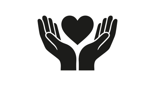 Charity and care icon with cupped hands supporting a black heart symbol