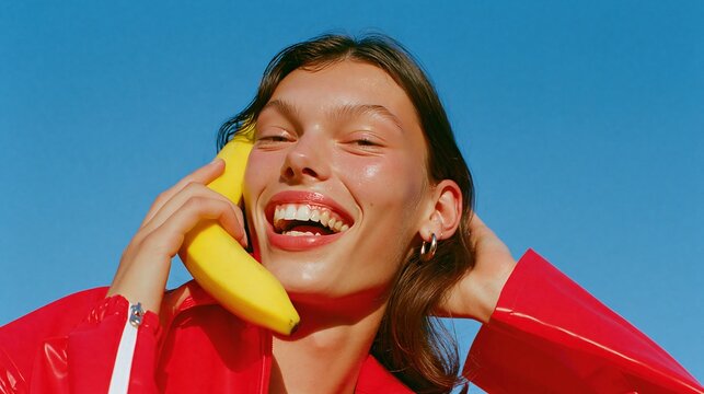 Joyful Young Woman Laughing Holding Banana To Ear As Phone Against Bright Blue Sky