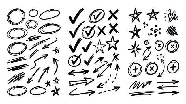 Hand drawn doodle brush strokes arrows check marks and circle symbols set