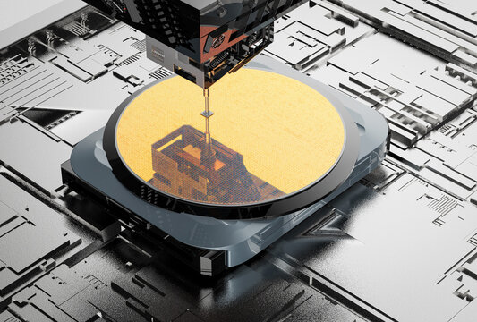 3d rendering robotic arms with silicon wafers for semiconductor manufacturing 