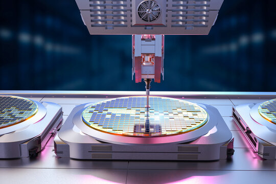 3d rendering robotic arms with silicon wafers for semiconductor manufacturing 