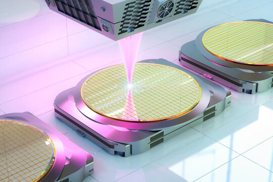3d rendering robotic arms with silicon wafers for semiconductor manufacturing 