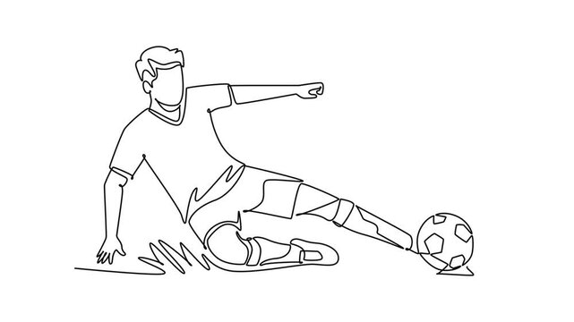Soccer player making a sliding tackle to win possession.Football 2027 concept. Single line draw design. Full length animation illustration. High quality 4k footage