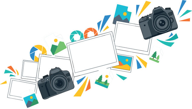 Vector doodle banner background for photography studio featuring digital DSLR cameras blank photo frames snapshots colorful aperture icons and light rays