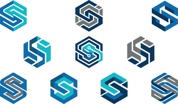 Vector collection of letter S logo templates inside hexagon shapes featuring 3d isometric geometric monograms technology circuit lines corporate identity symbols