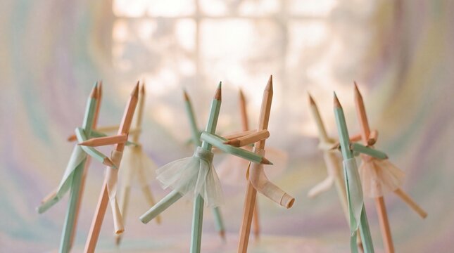 Pencil Ballerinas: A whimsical scene featuring a group of pencils crafted to resemble ballet dancers in tutus, arranged in a delicate pose against a soft, dreamlike background.