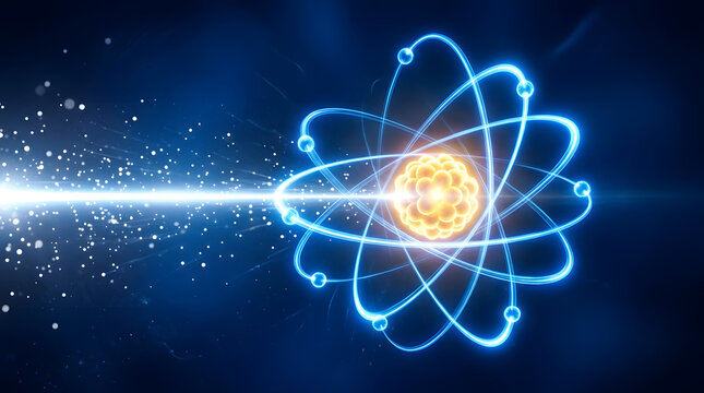 Glowing atom structure with blue electron orbits and yellow core on dark background with depicts stylized glowing yellow center illustration