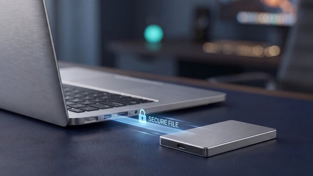 Secure file transfer cybersecurity concept, laptop connected to external drive with glowing padlock and secure file label, data protection, encrypted storage and endpoint security